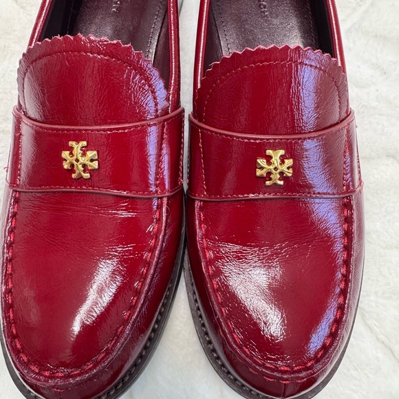 Tory Burch Burgundy Patent Leather Penny Loafers with Gold Logo - Picture 10 of 12